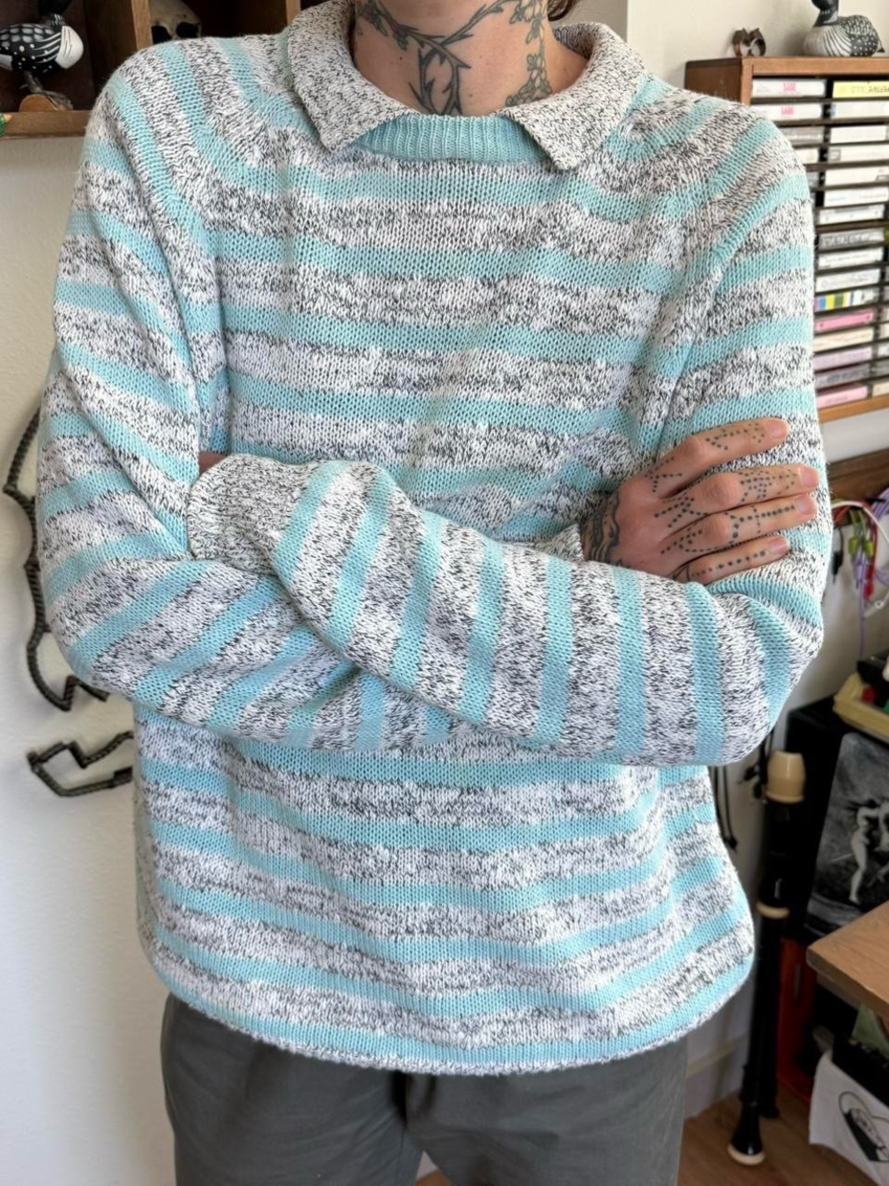 💀 SOLD 💀 Vintage 80s Striped Collared Knit Sweater ~ Size Large